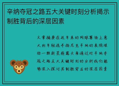 辛纳夺冠之路五大关键时刻分析揭示制胜背后的深层因素