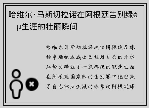 哈维尔·马斯切拉诺在阿根廷告别绿茵生涯的壮丽瞬间